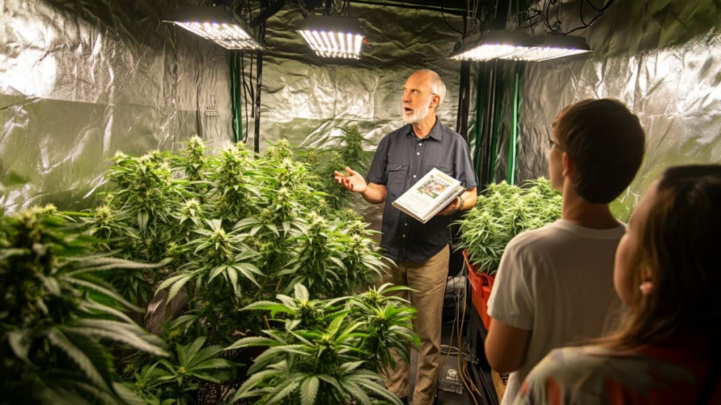 cannabis-weed-legenden-geschichte-foto-Ed-Rosenthal-steht-in-anbau-raum-mit-gasten-erklaert-methoden